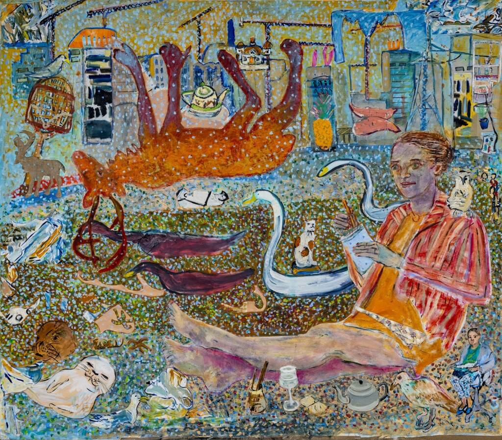Fantastical painting of a person having a picnic by water. They are surrounded by various animals including an upside down orange cow and a seal at their feet. Behind them is a river and past that are buildings and cranes.