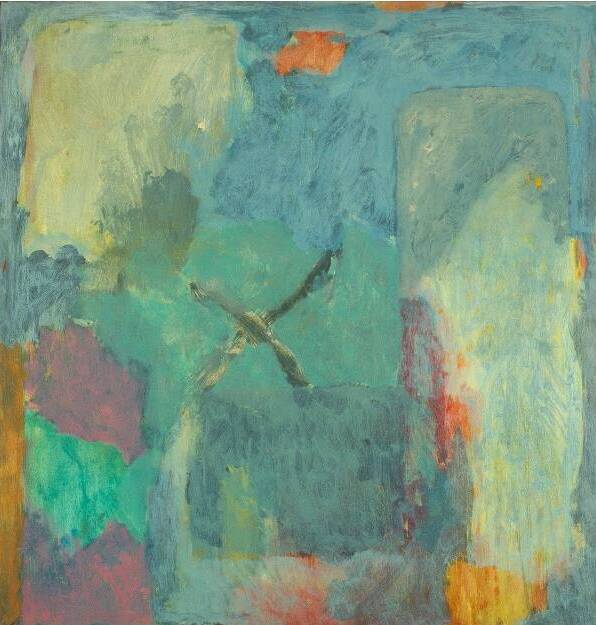 Abstract painting in light shades of blue, yellow, green, orange and red.